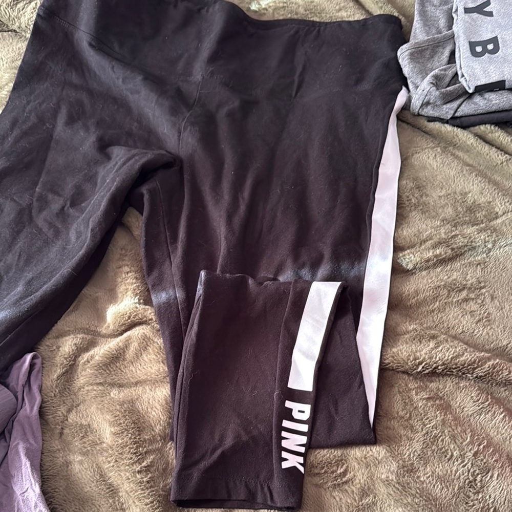 PINK Black Leggings with White Stripe